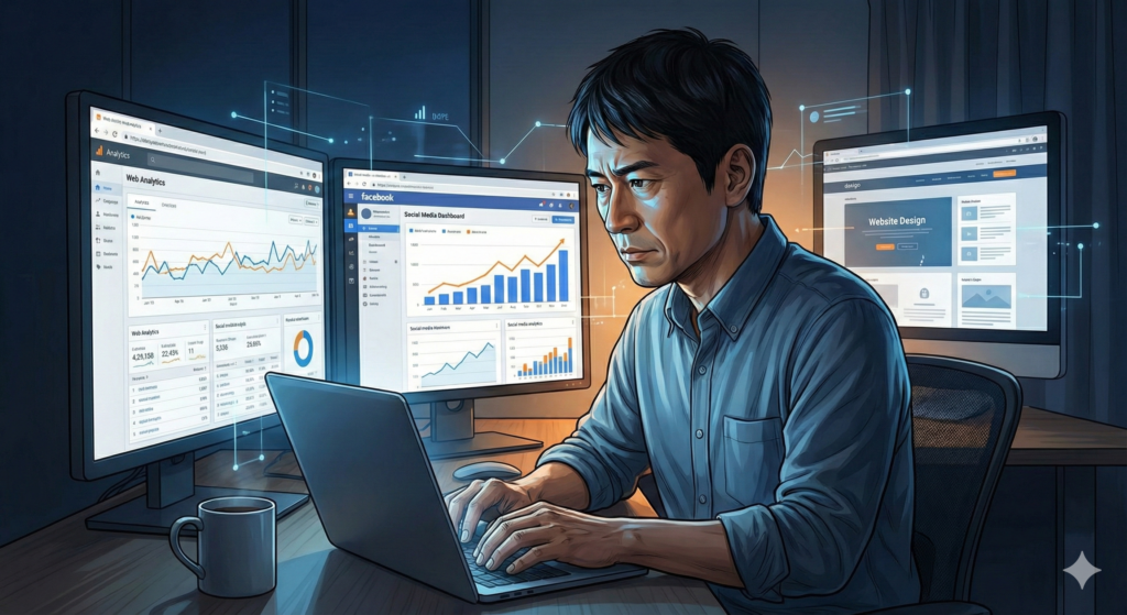 WebとSNSの反応をデータで分析するイメージ