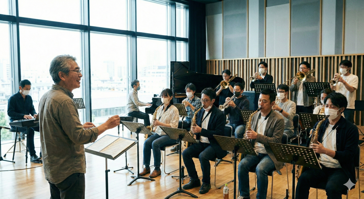 大人数の音楽教室でビッグバンドを指導する講師