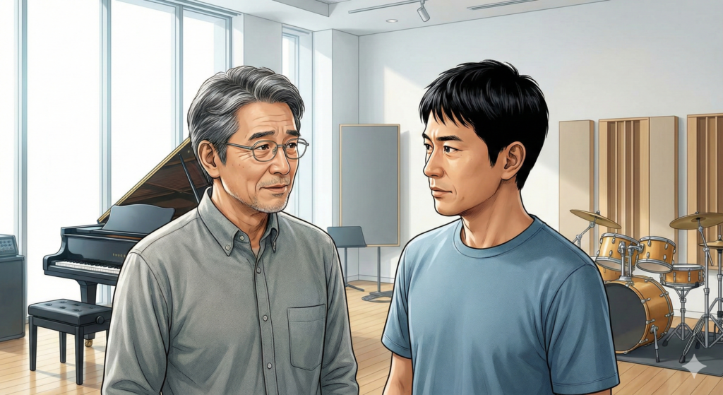教室の危機について向き合う恩師と支援者のイメージ