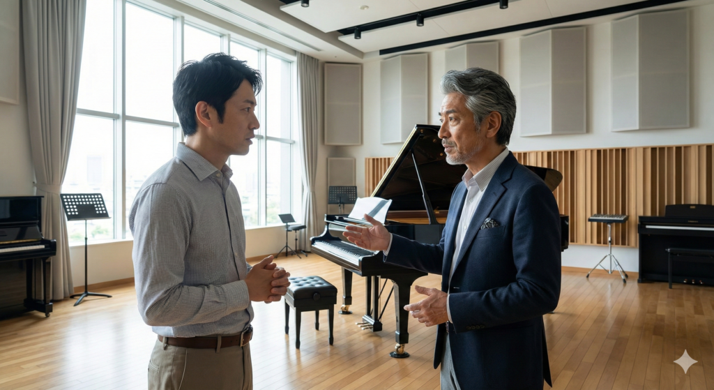 音楽教室の再生について話し合う二人のイメージ