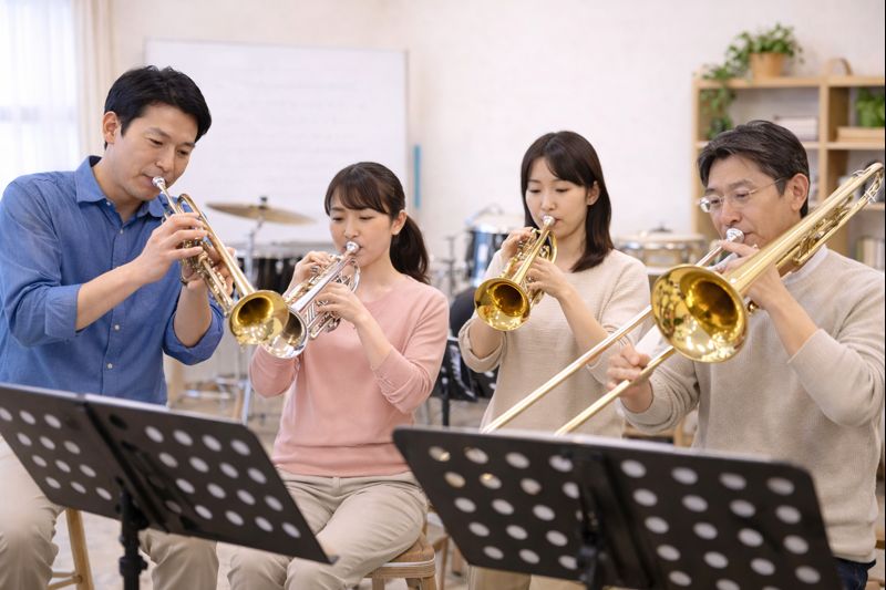 音楽教室でトランペットとトロンボーンを演奏する大人の生徒たち