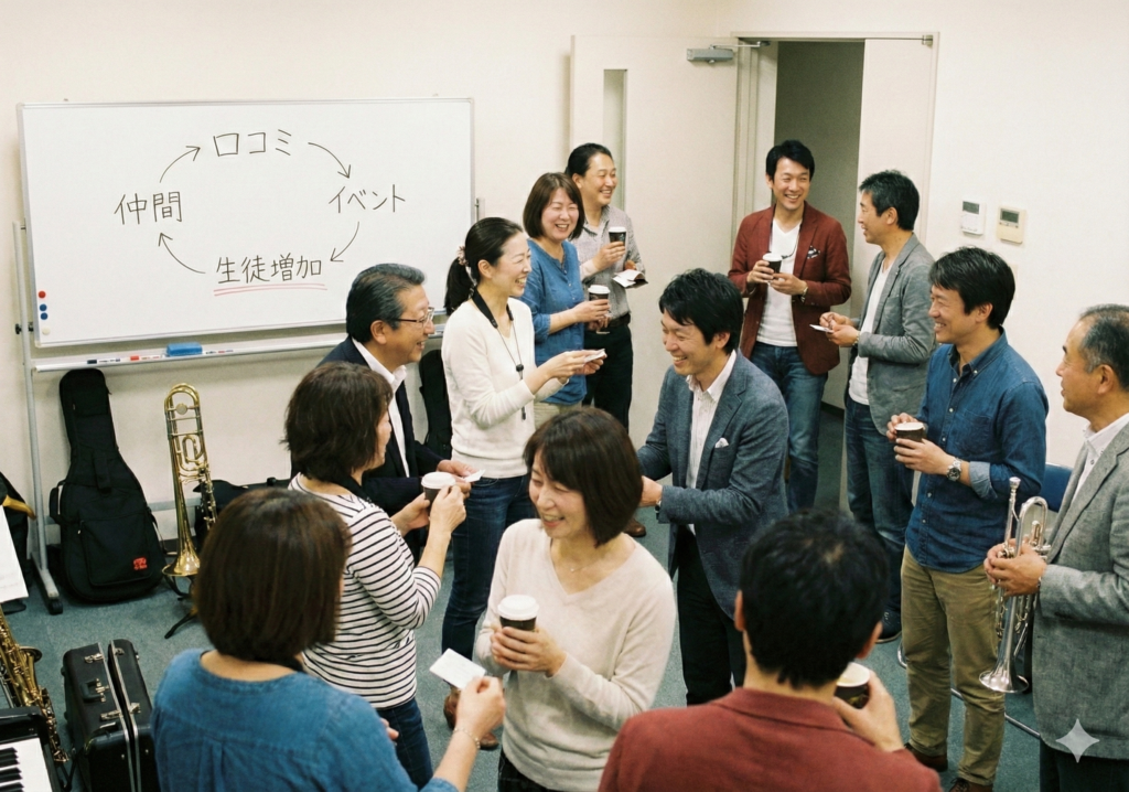 音楽教室のイベントで交流する生徒と講師たち