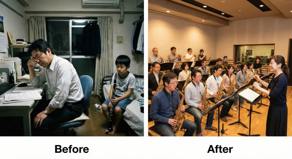孤立した個人練習から仲間と演奏する教室への変化を示すビフォーアフター