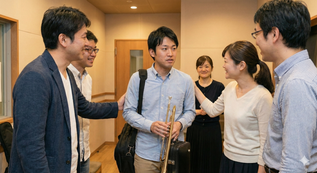 音楽教室の生徒同士が談笑し、つながりを育てる様子