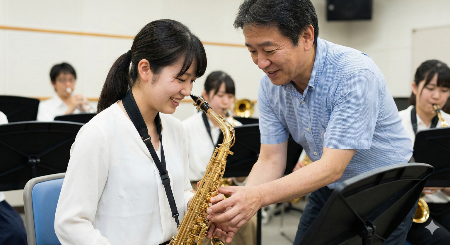 サックスを練習する生徒に寄り添って指導する講師