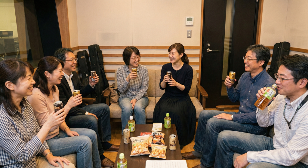 レッスン後に飲み物を手に交流する音楽教室の仲間たち