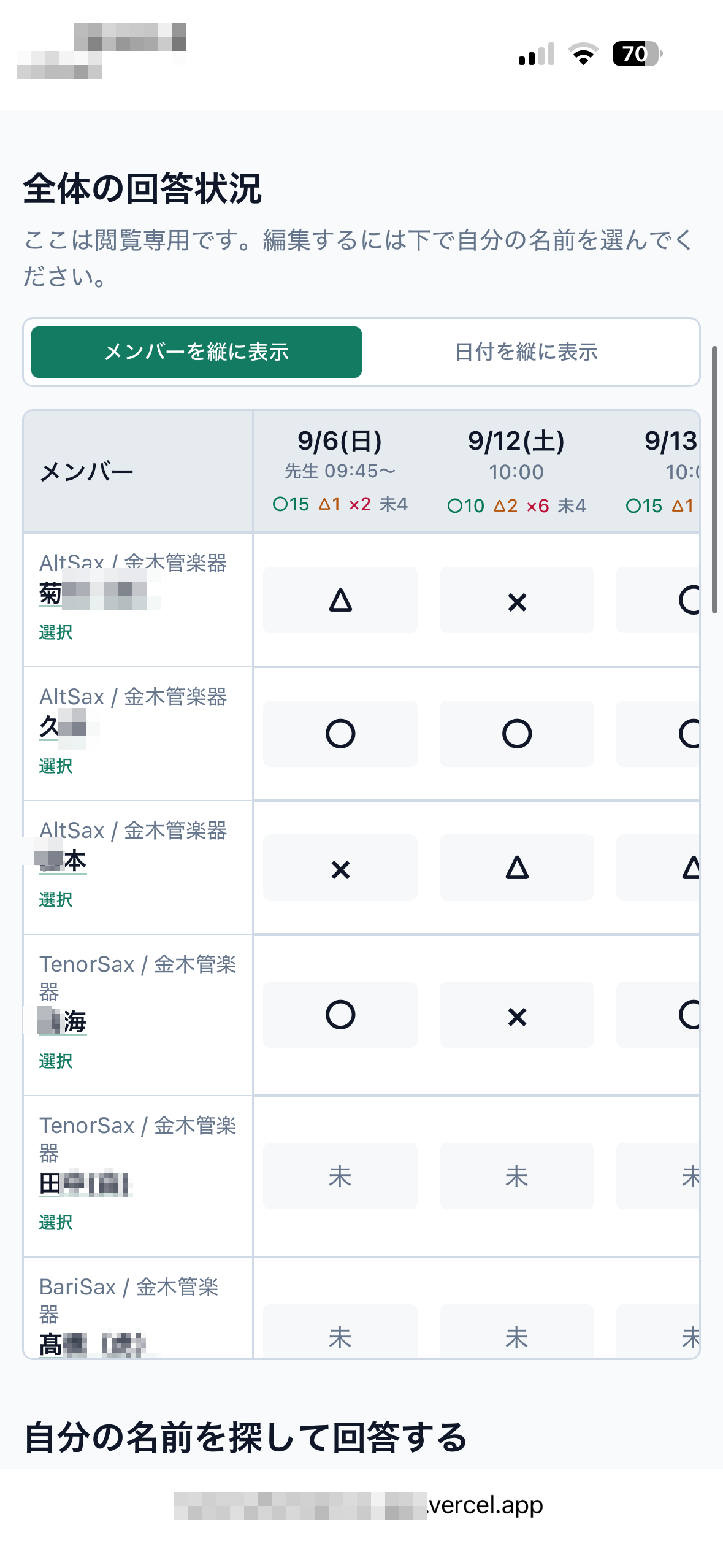全体の回答状況画面。候補日ごとに○△×と未回答の人数が自動集計され、メンバー別の回答を一覧できる